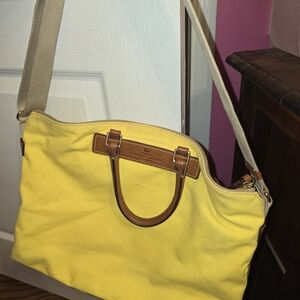 Yellow Canvas Tote Bag with Brown Leather Trim